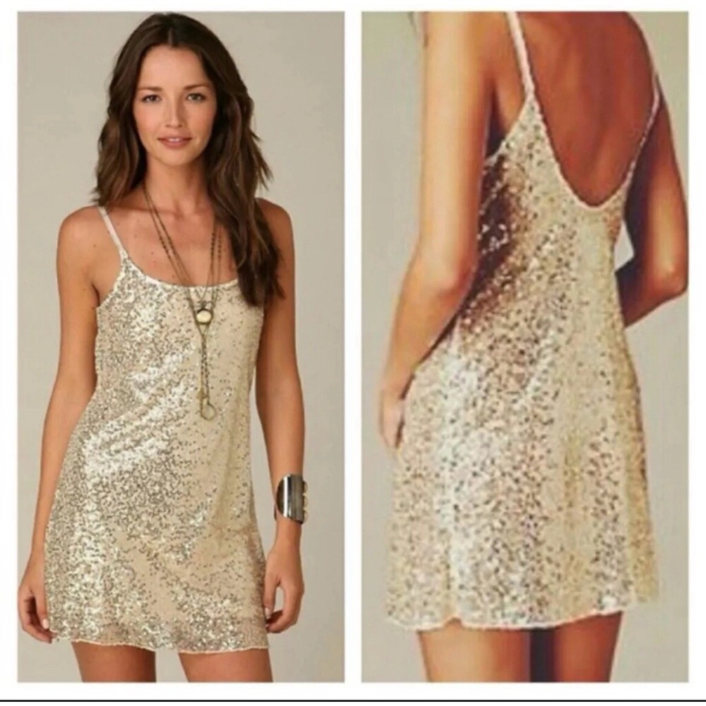 Free People Intimately Sheer Sequin Slip Bodycon Festival Dress Gold White Small